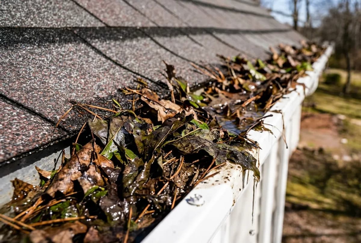 Clogged gutter without protection